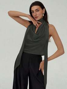 elegante de diosa para mujer en color albaricoque, ideal para dama de honor, boda, fiesta, cita, vacaciones románticas.Diseño fluido, con cuello halter y espalda descubierta, sexy, para verano y vacaciones - Gris Oscuro - Ver 4