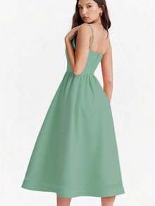 Vestido de fiesta elegante de verano con cuello en U, drapeado y bajo acampanado de unicolor - Verde - Ver 6