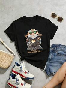 Camiseta de Verano para Mujer, Casual, Suave, Cuello Redondo, Manga Corta, con Estampado de Letras de Gnomo Ingeniero de Posibilidades Infinitas. Color negro. - Negro - Ver 2