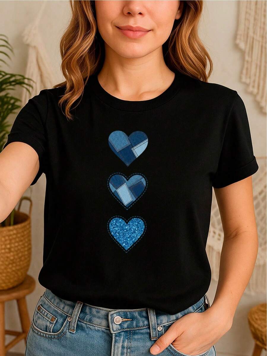 100% Cotton T-Shirt With Patchwork Style Hearts In Shades Of Blue - 黑色 - 查看 1