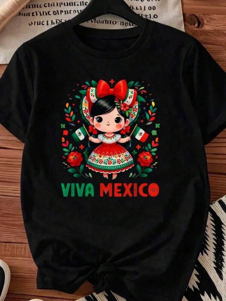 Playera con diseño de muñeca mexicana y texto Viva México, estampado, diseño moderno, colorido, patrio, mexicano, cuello redondo, manga corta, ideal para celebraciones patrias, llamativa, holgada, ideal para toda la familia. 100% algodón, estilo Y2K Bababask - Negro - Ver 1