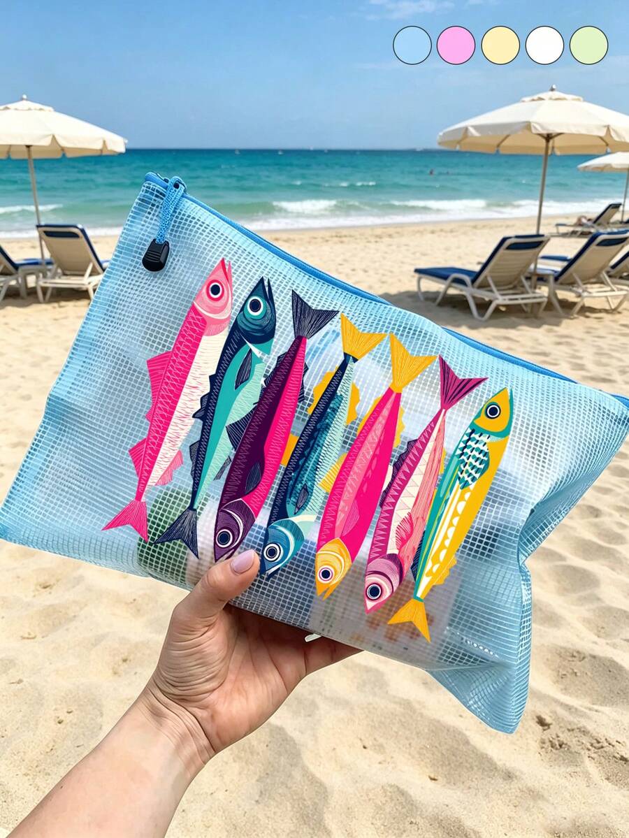 防水沙灘化妝包，彩色沙丁魚圖案，大容量透氣網格化妝包，便攜式化妝品收納袋，沙灘盥洗包，夏季熱帶風旅行收納袋，多功能盥洗包，適用於游泳、度假、宿舍、浴室、化妝品、護膚品、配件、文具、沙灘用品，可愛大學風，獨特教師節禮物、生日禮物、節日禮物、派對禮物、度假禮物、婚禮禮物、開學禮物
