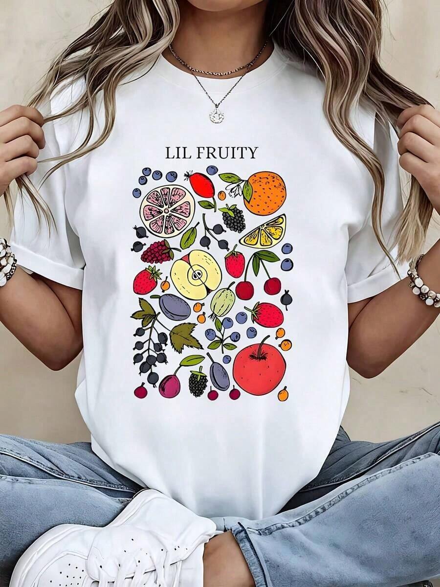 Lil Fruity Casual T-Shirt With Fruit Print, Women's Graphic Tee, Summer Casual Top, Short Sleeve, Round Neck, 100% Cotton, Durable - 白色 - 查看 1