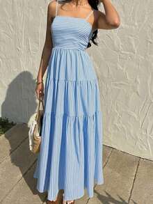 Vestido con escote de tubo plisado de tela texturizada color melocotón claro, con tirantes finos, cintura suelta, estilo relajado para vacaciones - Azul - Ver 4