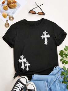 Camiseta Casual Holgada para Mujer con Estampado de Cruz Gótica, Transpirable y Cómoda, Manga Corta, Cuello Redondo, Estampado de Cruz Blanca Ornamentada, Algodón Suave, Perfecta para Uso Diario y Estilo Urbano Grunge - Negro - Ver 3