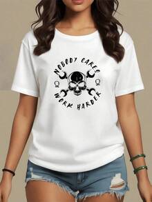 Loose Fit Women's T-Shirt With An Original Skull And Crossed Wrench Design, An Alternative And Modern Style. Soft And Comfortable For Everyday Wear. Basic Crew Neck Cotton T-Shirt For Women - 白色的 - 查看 9