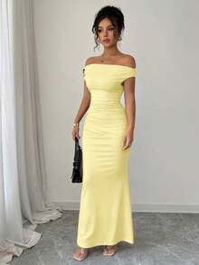 Vestido formal elegante con hombros descubiertos y detalles metálicos fruncidos para mujeres - Amarillo claro - Ver 6