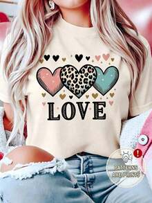 Free Shipping, Local Delivery In Mexico, Delivery In 4 Days. Women's Casual Polyester T-Shirt, Crew Neck, Short Sleeves, Regular Length, With Leopard Print And Heart Graphic. - Apricot - View 1