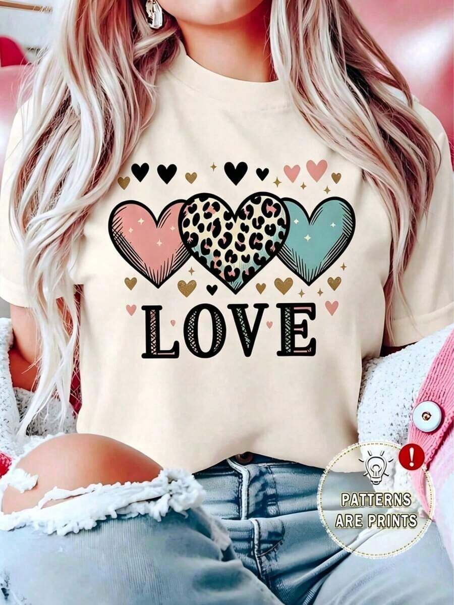 Free Shipping, Local Delivery In Mexico, Delivery In 4 Days. Women's Casual Polyester T-Shirt, Crew Neck, Short Sleeves, Regular Length, With Leopard Print And Heart Graphic. - Apricot - View 1