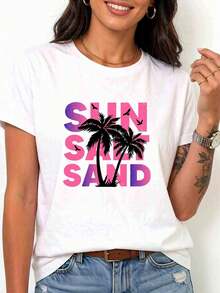 Camiseta de manga corta blanca para mujer con letras SUN SAND SAIL, estilo vacacional - Blanco - Ver 1