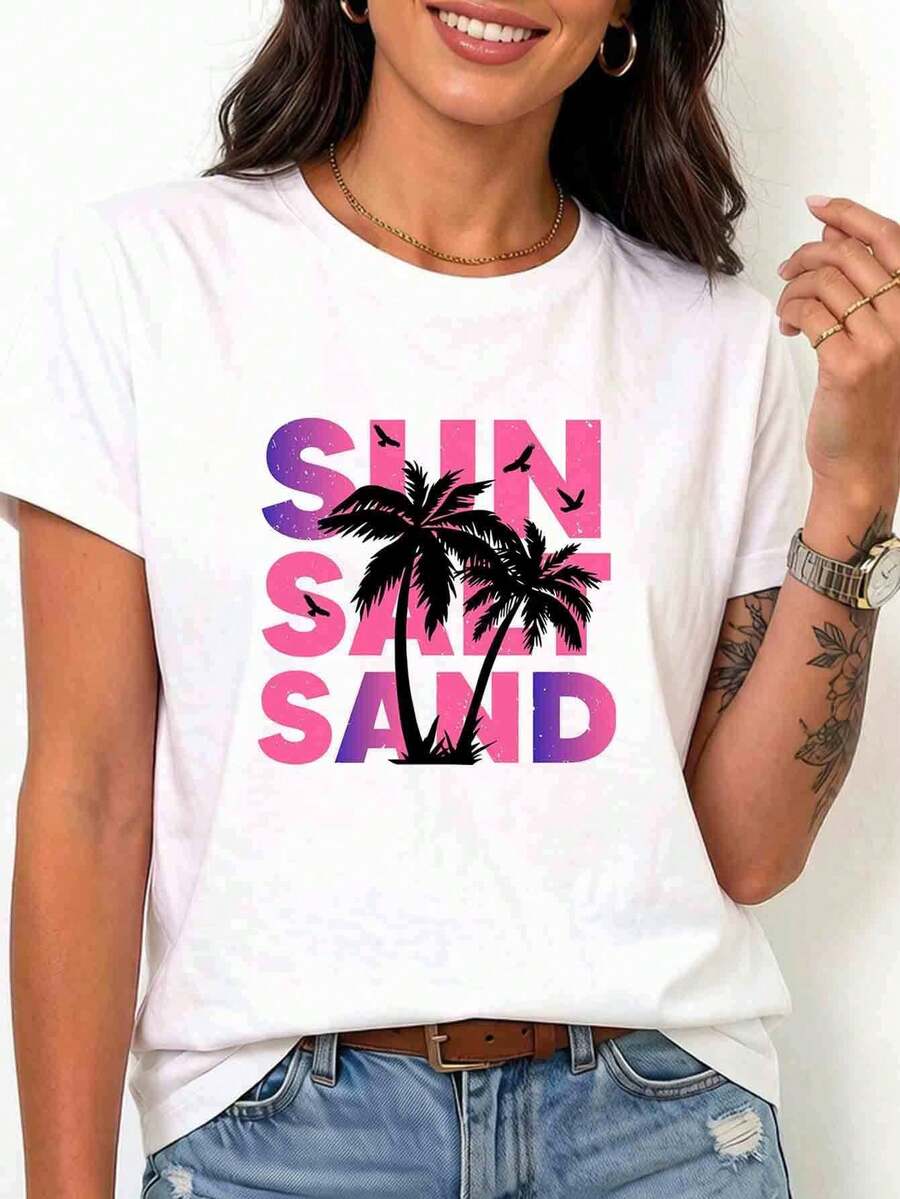 Camiseta de manga corta blanca para mujer con letras SUN SAND SAIL, estilo vacacional - Blanco - Ver 1
