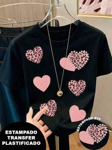 1 Piece 180g Unisex Loose Crewneck Short-Sleeve T-Shirt Playera estampada con diseño de corazones en color rosa claro y corazones con animal print, el contorno de un corazón tiene efecto como si fueran perlas pero es estampado, playera colorida, moderno, casual, cuello redondo, manga corta, ideal para todos los días, llamativa, holgada, a la moda, ideal para uso diario. - Negro - Ver 1