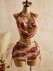 Women's Spring And Summer Beachwear Set, Featuring A Printed Mesh Tank Top With A Deep Neckline And Gold Flower Embellishment, And A Fitted Bodysuit Skirt. Earth-Toned Dress, Scarf, And Slip Dress Set For Vacation. - 多色 4 - 查看 3