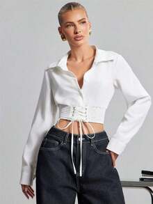 Blusa de manga larga elegante de oficina con cordones de unicolor para mujer - Blanco - Ver 6
