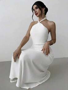 Vestido largo suelto sin mangas y sin espalda, elegante para vacaciones y fiestas, romántico y de moda para el verano, la playa - Blanco - Ver 4