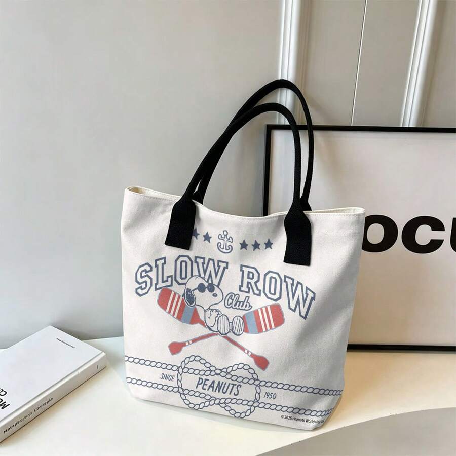 Miniso Peanuts Snoopy Slow Row Club Nautical Canvas Tote Bag, White Shoulder Bag For Daily Use - Black - View 1