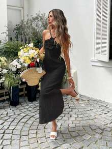YHHSylviya Vestido maxi con abertura y estampado floral 3D en escote halter, vestido de verano de color amarillo mantequilla para mujer, atuendos de verano, atuendos de vacaciones, atuendos de playa, vestidos de graduación, ropa de verano, vestidos de vacaciones, vestidos de playa, ropa de vacaciones, estilo bohemio, atuendos para salir, vacacionesYHH - Negro - Ver 5