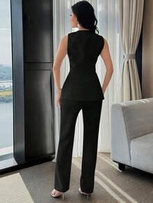 Conjunto de 2 piezas de chaqueta sin mangas de un solo pecho ajustada de unicolor y pantalones acampanados para mujer, para uso casual/trabajo/viaje, primavera/verano - Negro - Ver 3