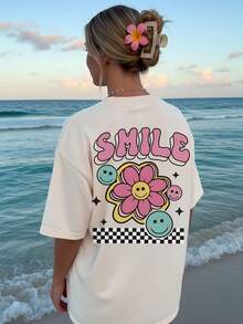 [Double-Sided Printing] Women's Summer Clothes, Casual Women's Top, Sweet And Fresh Style, Floral Print With  Face, Short Sleeve, Round Neck, Oversized Off-The-Shoulder T-Shirt, Comfortable Cotton T-Shirt For Daily Wear. - 白色 - 查看 3
