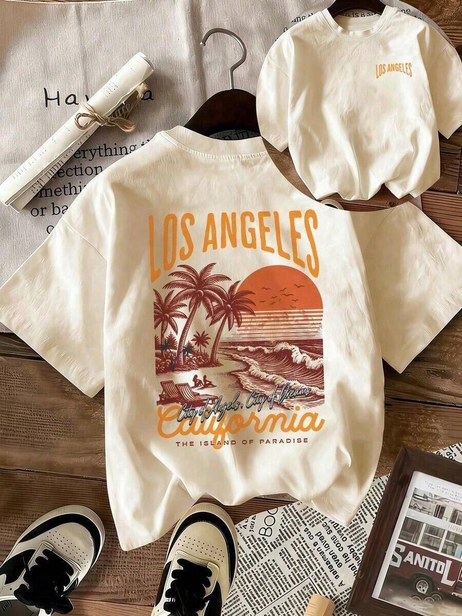2026 Summer New Arrival Women's Graphic Tee,Women's Summer New Lemon Shell Fish Lobster Print Casual Vacation Loose Versatile Round Neck Beige Short Sleeve T-Shirt, Fashionable For Daily Wear,Tops Women Summer,4th Of July Outfit Women,Camiseta Para Mujer Blusas Para Mujer Camisa - 杏子 2 - 查看 1