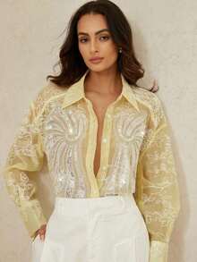 Tela transparente bordada con textura en color amarillo claro con aplicaciones de alas con cuentas, diamante de imitación y perlas para blusas de mujer, elegante para ir al trabajo, fiestas, vacaciones y uso diario casual - Amarillo - Ver 5