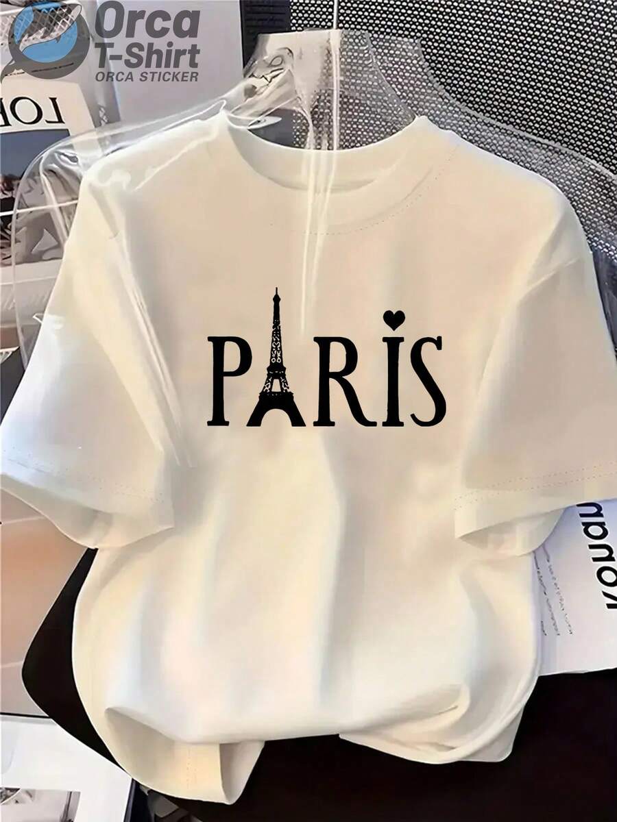Camiseta Deportiva Casual para Mujer con Gráfico PARIS - Camiseta Blanca Elástica de Cuello Redondo, Lavable aáquina, Ajuste Cómodo y Apta para Todas las Estaciones, para un Estilo Chic y Urbano. - Negro - Ver 1