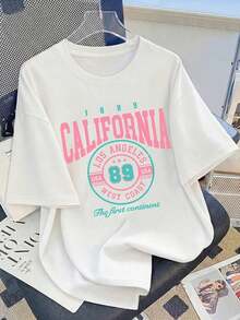 Camiseta Vintage con Estampado de Los Ángeles, California, para Mujer, Estilo Casual y Relajado, Cuello Redondo, Manga Corta, Estilo  Oeste No. 89 Camiseta Retro Americana de Verano 2026, Atuendo de Concierto para Mujer, Tallas Grandes, Ropa de Verano para Mujer, Atuendos de Verano para Mujer, Atuendos Casuales para Mujer - Estilo Urbano Vintage, Unisex, Camiseta Holgada de Algodón de Manga Corta con Cuello Redondo, 100% algodón puro - Blanco - Ver 6