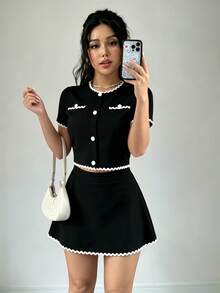 Set de 2 Piezas para Mujer: Top con Botones y Falda A-Line con Forro Antideslizante, Color Blanco Crema, Ideal para Salidas Casuales y Citas - Negro - Ver 5