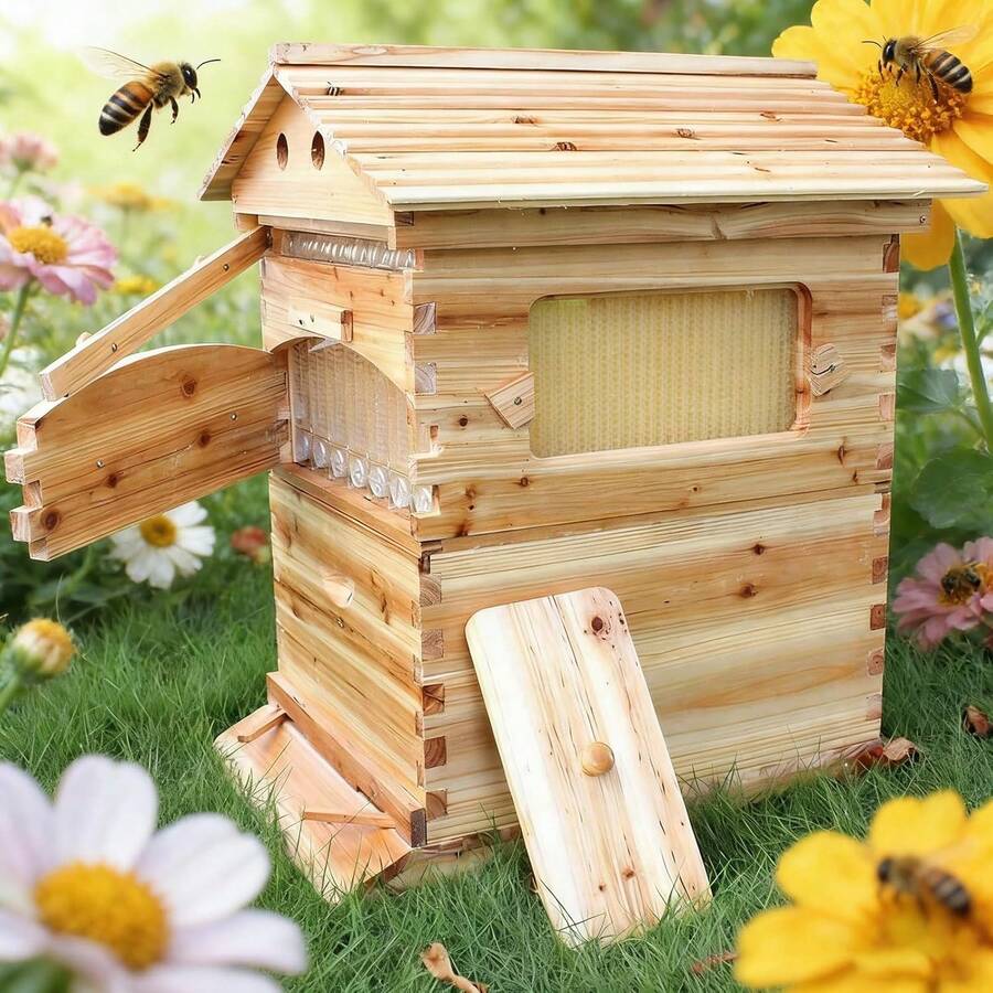 Bee Hives Boxes Starter Kit,Automatic Wooden Beehive House, 7pcs, Auto Honey Hive Frames, Beekeeping Starter Kit For Backyard Beekeeping Cabin Style Beehive - mặc định - Xem 1