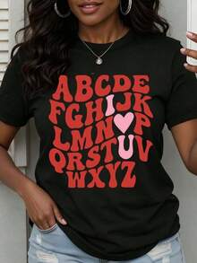Camiseta de manga corta para mujer con estampado de corazón y letras del alfabeto para el Día de San Valentín, 100% algodón puro, cuello redondo, estilo casual, ideal como regalo para una cita romántica en verano. - Negro - Ver 6