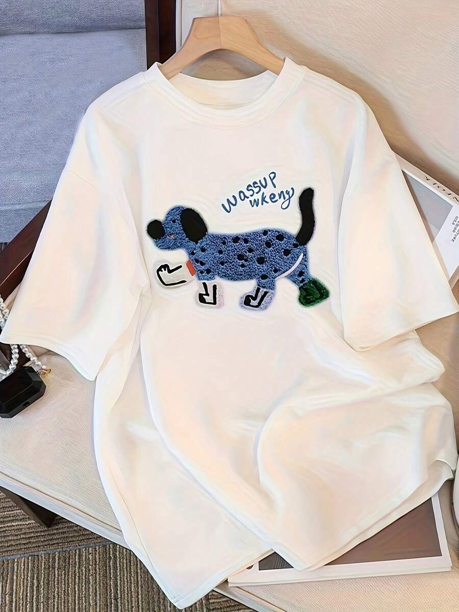 Camiseta de manga corta de algodón puro para mujer con estampado de diseño único, nuevo estilo de verano 2025, corte holgado, top adelgazante para estudiantes. - Blanco - Ver 1