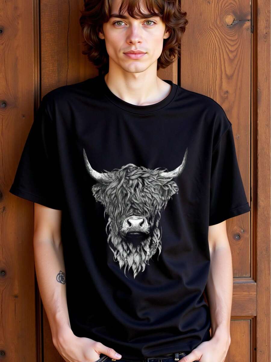 Camiseta Masculina com Estampa de Vaca Highland - Elegante Camiseta Casual Preta de Manga Curta com Estampa Digital por Transferência Térmica, Corte Regular, Gola Redonda para Uso em Todas as Estações ao Ar Livre e Lazer - Preto - Visão 1