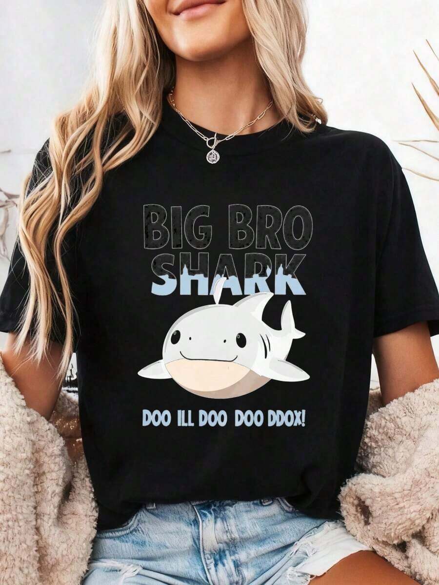 Big Bro Shark Doo Doo T-Shirt Funny Shark Matching Tshirt Family Novelty Gift Tee Shirt Shark Fun Unisex TShirt Big Brother HumorPure-Cotton - 黑色 - 查看 1