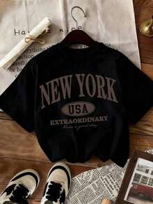 1PCSWomen's Camiseta 100% Algodón con Estampado de Lema - Top Casual de Manga Corta con Cuello Redondo Suave, Diseño con Nombre de Lugar (Compatible con Todas las Ubicaciones), Corte Regular, Ropa Casual y para Festivales, Lavable a Máquina, Ropa de Verano 2026 para Mujer, Tops de Verano - Estilo Urbano Vintage, Camiseta Unisex de Manga Corta y Cuello Redondo de Algodón Suelto, 100% Algodón - Negro - Ver 7