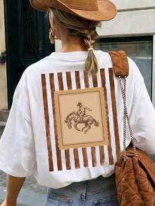 Camiseta de mujer de estilo vaquero occidental, para vacaciones, camiseta de mujer, de verano, camiseta casual de mujer de cuello redondo y manga corta, color blancoCamiseta Algodón - Blanco - Ver 9
