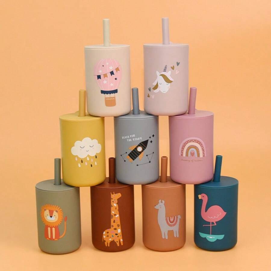 1pc Portable Kids Straw Cup, 180ml Capacity, Made Of Silicone Material, Printed With Cute Animal Patterns, Suitable For Baby Drinking, Leak-Proof Design, Multiple Colors And Patterns Available. - Multicolor - View 1