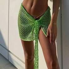 2024 Women's Knitted Hollow Out Solid Color Sexy Beach Sunscreen Short Dress Swimsuit Cover-Up Sarong Skirt - 軍綠色 - 查看 2