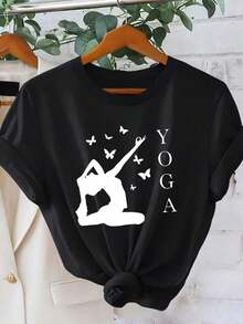 Women's Graphic T-Shirt With Yoga Lettering And Gesture Print, Butterfly Print With The Word YOGA, Short Sleeve For Summer Vacation, Casual Sporty Style, Elegant, Vintage, Loose, Slimming And Versatile, 100% Cotton - 黑色 - 查看 7