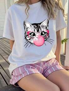 [Camiseta Gráfica] 100% Algodón, Camiseta de Manga Corta con Cuello Redondo y Estampado Novedoso "Break The System" para Chicas Adolescentes, Estilo Casual para Verano. Camiseta de Cuello Redondo y Corte Holgado, Tallas S-7XL, para Todo Tipo de Cuerpo, Camisetas de Primavera, Camisas de Verano, Camisetas de Manga Corta de Otoño. Transpirable y cómoda. - Blanco - Ver 1