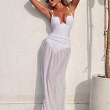 Bikini Sexy de 2 Piezas para Mujer con Vestido Largo de Playa, Color Sólido – Estilo Vacacional 2026 - Traje blanco 9383 - Ver 2