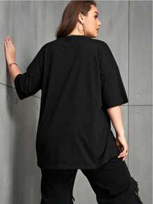 Camiseta suelta, informal y cómoda con estampado de letras PURESSO para mujer - Negro - Ver 5