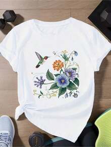Camiseta de Mujer, Talla Grande, Camiseta Retro de Manga Corta para Mujer - Blusa con Estampado de Colibrí Colorido, Cuello Redondo, Estilo Casual, Adecuada para Uso Diario, Lavable a Máquina y para Conjuntos Informales. Camiseta Casual de Manga Corta para Mujer, Talla Estándar, Camiseta Básica. - Blanco - Ver 7