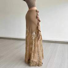 SylCue-faldas largas de malla de retales para mujer, faldas ajustadas con cintura elástica, volantes fruncidos lisos, borlas, moda urbana, estilo elegante - Marrón - Ver 3
