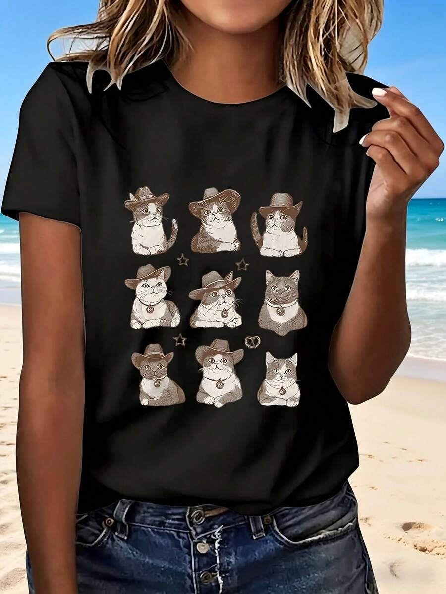 Cute Cat Cowboy Print T Shirt With Fashion Design Trendy Casual Wear For Beach Outing Perfect Gift For Cat Lovers - Negro - Ver 1