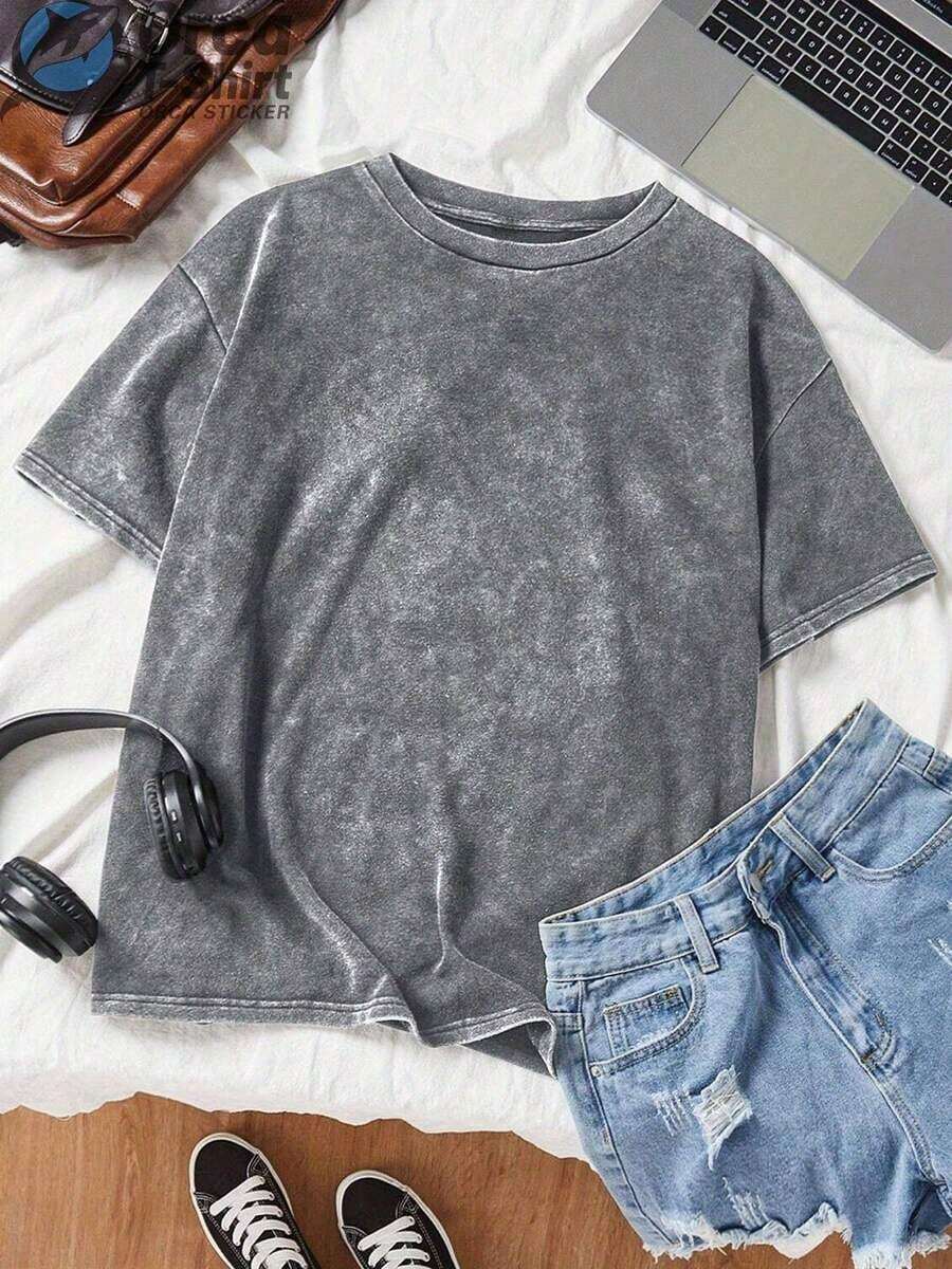 Camiseta de algodón lavado de 230 g, estilo vintage, 100% algodón puro - Diseño básico de una sola pieza, color sólido, cuello redondo informal, corte holgado, textura suave, tejido transpirable 100% algodón. - Gris - Ver 1