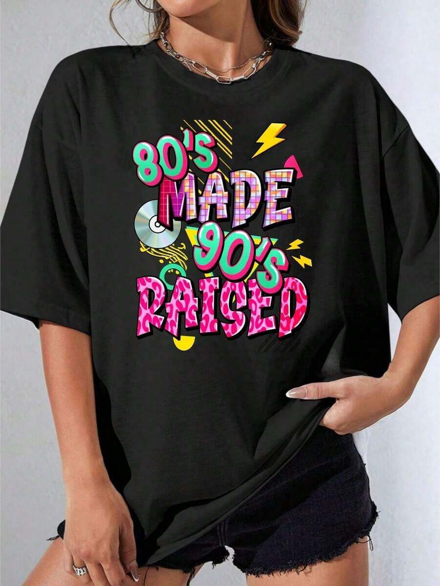 Camiseta Blanca y Negra para Mujer, Camiseta Blanca Oversize Estilo Años 80, Fabricada en los 90, con Estampado Gráfico Retro Neón en Relieve, para Uso Casual, Atuendo de Fiesta, Moda Urbana, Fiesta al Aire Libre, Camiseta Estampada Casual de 180g - Negro - Ver 1