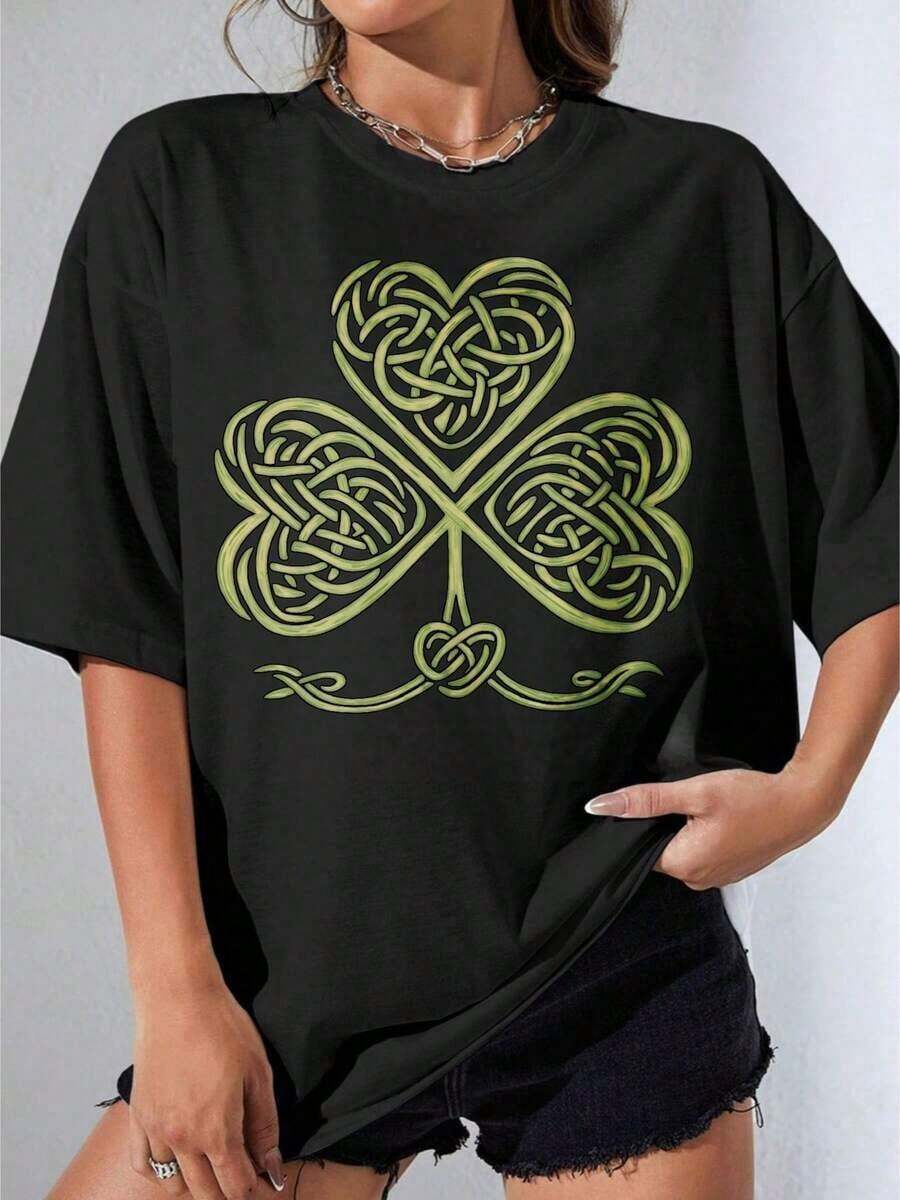 Camisetas de Mujer, Manga Corta Casual para Fiesta, Camiseta Blanca Oversize con Estampado de Trébol Celta para el Día de San Patricio y Uso Diario 180g - Negro - Ver 1