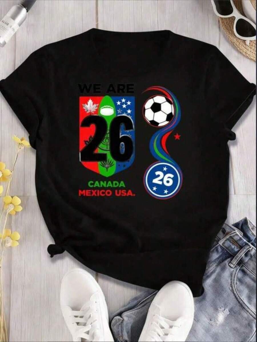 2026 Unisex New Popular Casual-Shirt 2026 Shirt PNG & SVG Retro-Shirt Design Usa Canada Mexico Soccer Printable Fun Printed Round Neck Short Sleeved-Shirt Suitable: Sports Events/Holiday Parties/Outings/Sports And Other Holiday Gifts - Negro - Ver 1