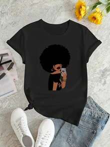 Women's Casual Chic Afro Puff Graphic Tee - Comfy Polyester Blend, Round Neck Short Sleeve, Machine Washable Summer Top In White - Black - View 2