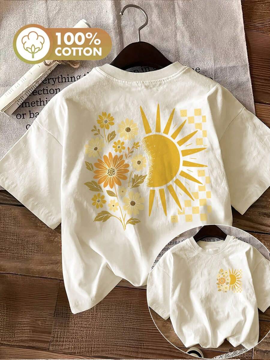Camiseta de edición limitada con estampado gráfico, manga corta, cuello redondo, top casual para verano y primavera, ropa de mujer, algodón ligero. - Albaricoque - Ver 1